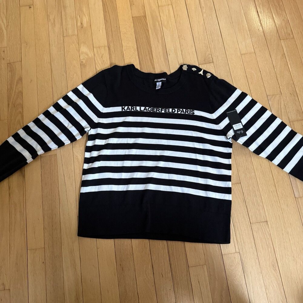 Karl Lagerfeld Paris Women Black White Striped Logo With Pin Sweater Size XL NWT - Picture 2 of 8